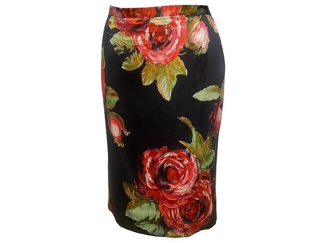 Falda de seda con estampado de flores negras Dolce & Gabbana