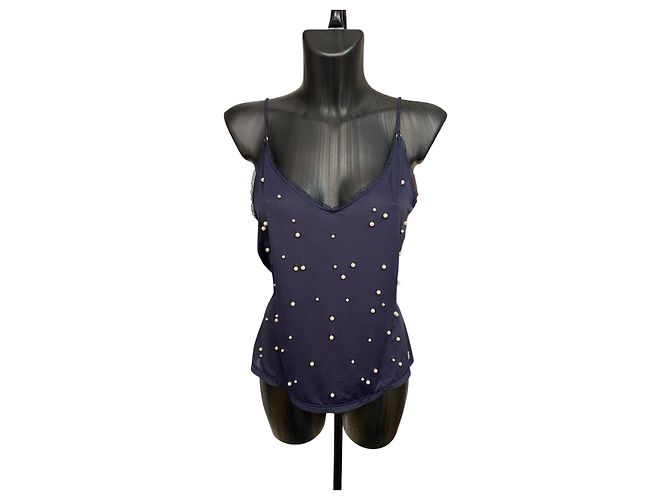 Timeless Top blu Chanel con perle
