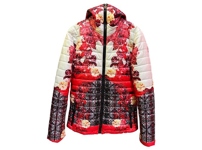 Roberto Cavalli Down Jacket with Red Floral Pattern