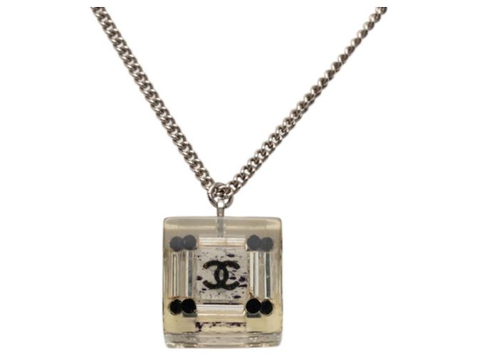 Chanel Coco Mark Square Cube Pendant Necklace Black Silvery