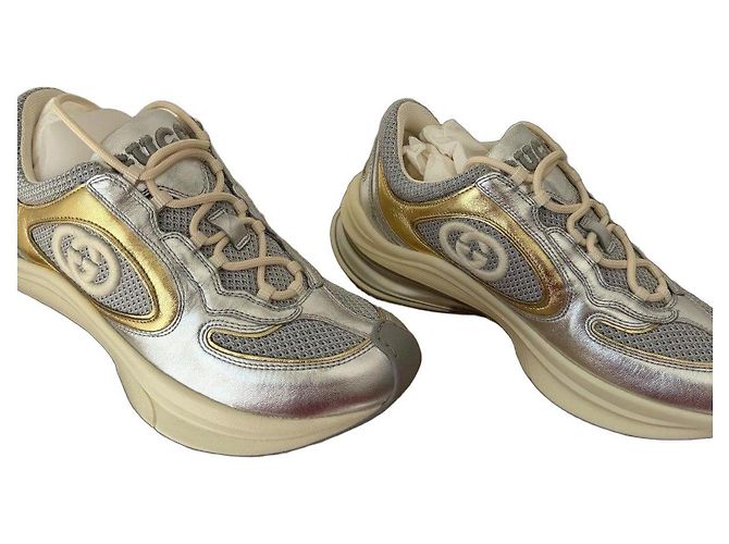Sneakers Gucci in pelle e rete argentate e dorate D'oro Grigio Silver hardware