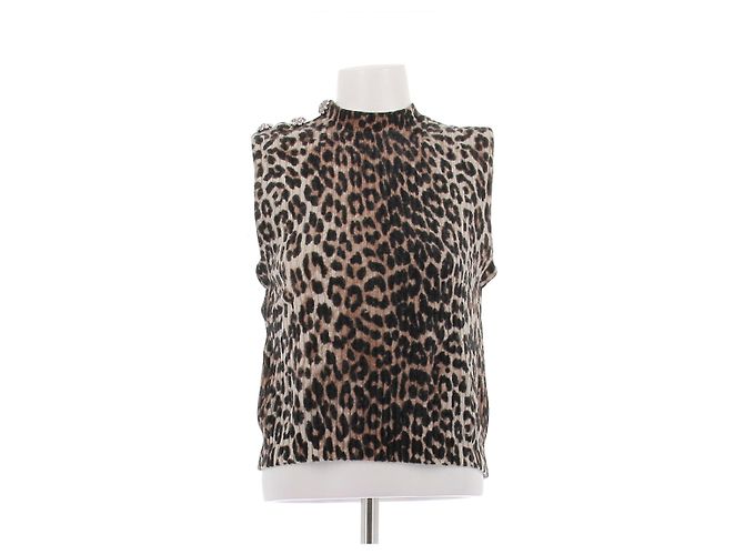 Ganni Pull sans manches imprimé léopard en laine Marron