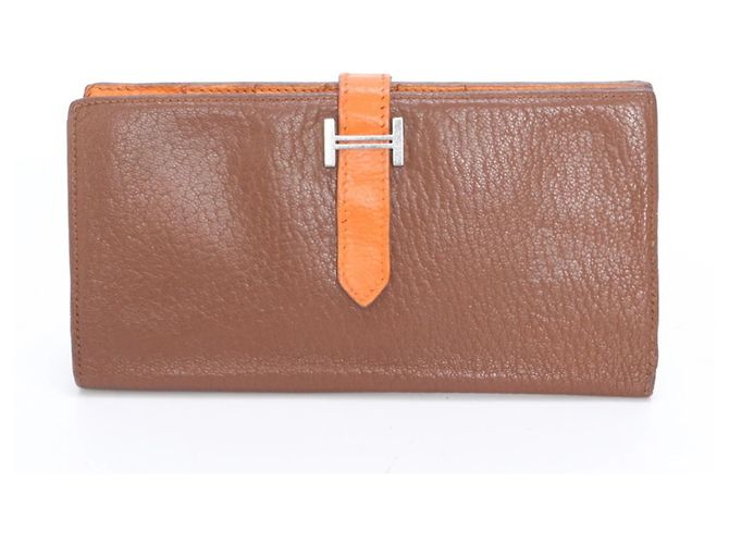 Hermès Hermes Bearn Soufflé Leather Bi-fold Long Wallet Brown Orange