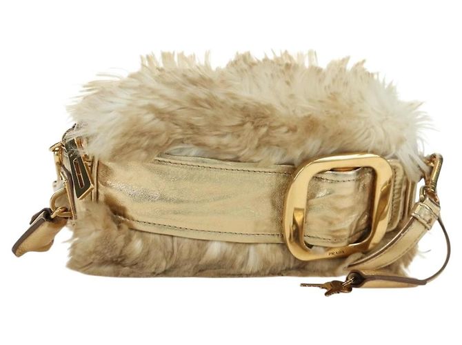 Bolsa de Ombro PRADA de pele bege ouro Auth BAZ731SM Dourado