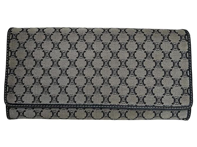 Céline Vintage Celine Paris Triomphe Monogram Long Wallet Grey Black Dark grey