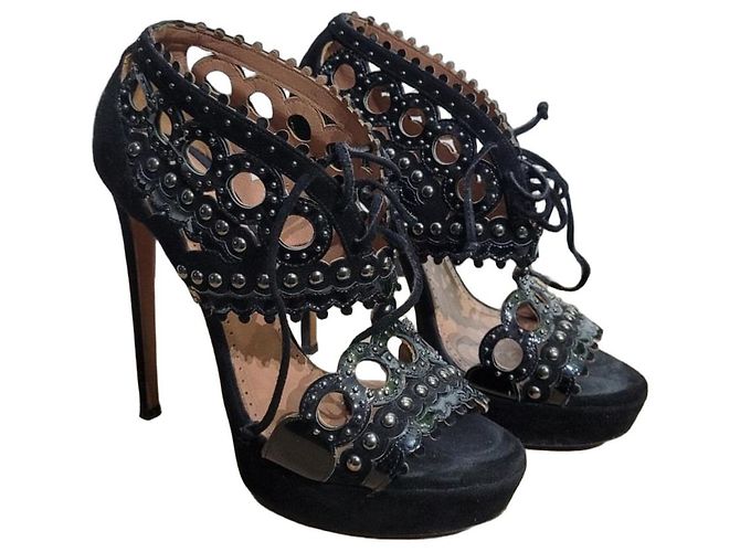 Alaïa ALAIA Black Laser Cut Leather Suede Studs Platform Heels Sandals sz.38 Pre-Owned