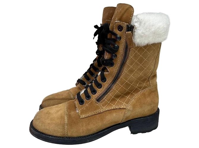 CHANEL 2012 Brown Suede Mid-Calf Combat Boots Size 38.5 pre-owned