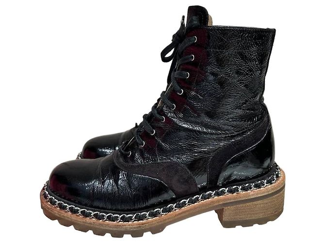 Chanel 2015 braune Lackleder-Ankle Combat Boots Größe 38 gebraucht