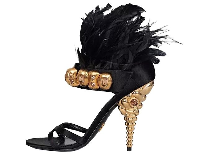 Prada Black Feather-Trim Crystal Embellished Sandals, Size 38 pre-owned