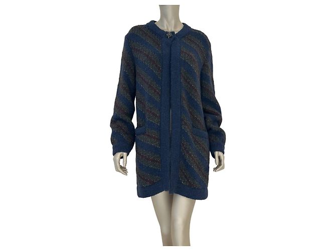 Timeless Chic CHANEL Navy Wolle Alpaka Gestreifter Chunky Cardigan Größe 34 Gebraucht