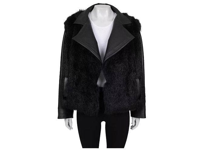 Balmain schwarze Lammlederjacke mit Kunstfell Größe 36 S Gebraucht