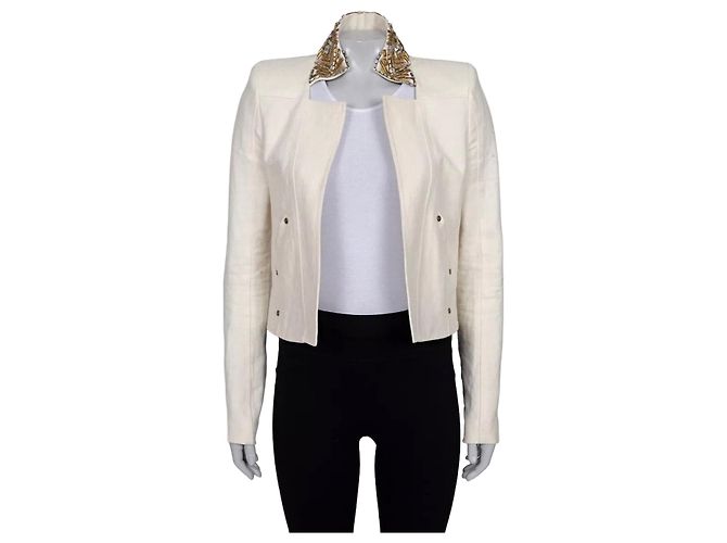 Balmain White Linen Crystal Trim Jacket - Size M (FR38) pre-owned