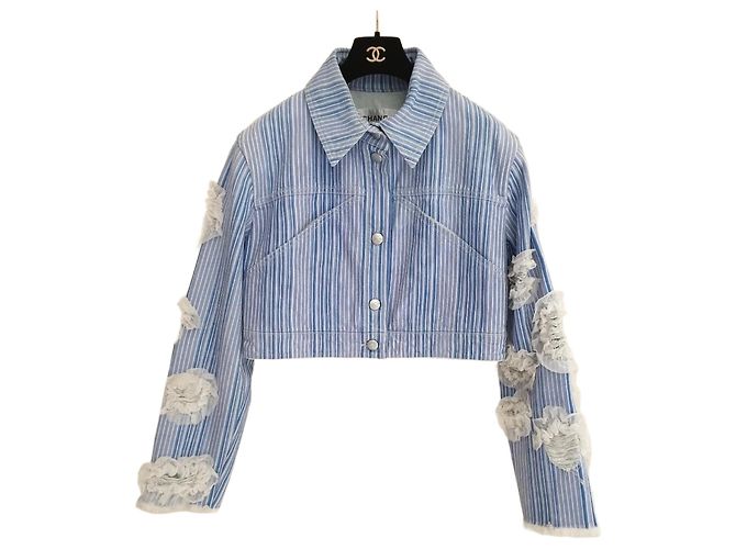 Chanel 2018 Striped Denim Jacket, Size 46 Pre-owned