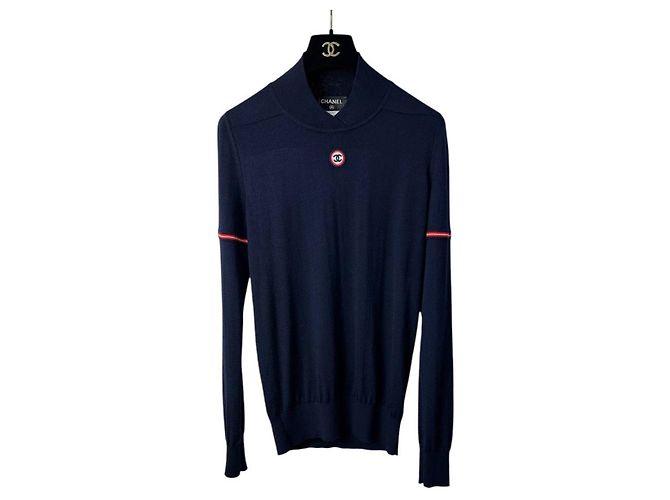 Timeless Chanel Navy Cashmere CC Logo Pullover Größe 40, gebraucht