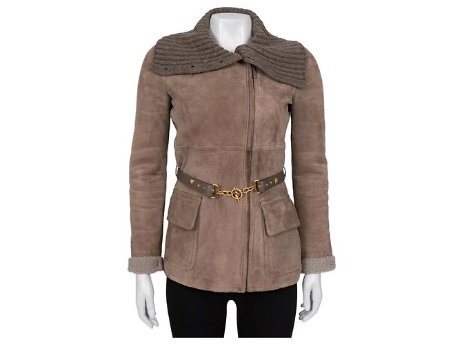 Gucci Kaschmirkragen Gürtel Shearling Lederjacke Größe 40 Gebraucht