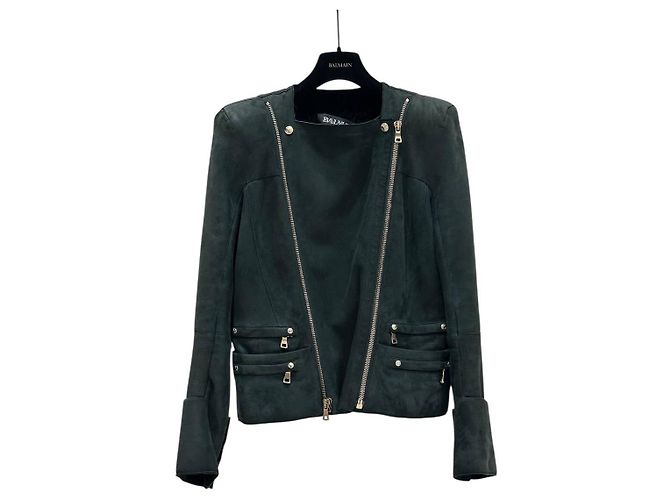 Jaqueta Biker de Shearling Verde Balmain - Tamanho 38 Usada