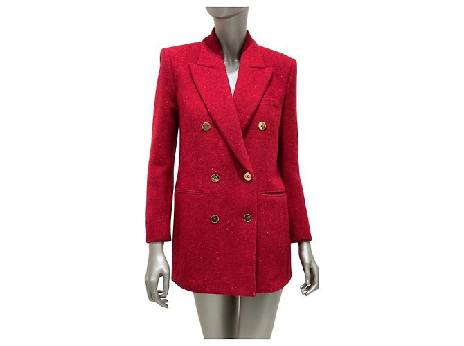 Saint Laurent Red Tweed Double Breasted Blazer Sz 40 Pre-owned