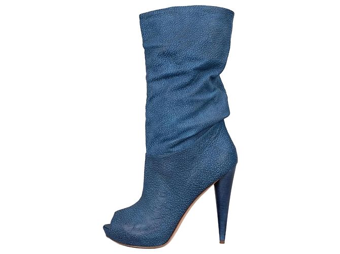 NWB Alexander McQueen Blue Leather Wedge Open Toe Boots Sz.39,5 Pre-owned