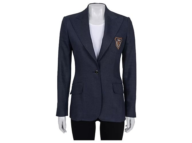 Dolce & Gabbana Blue Linen Embroidered Fitted Jacket - IT38/XS pre-owned