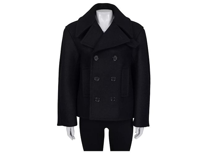 Schwarzer Wollmantel von Saint Laurent mit Seidenfutter - XL Gebraucht