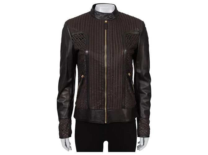Braune perforierte Lederjacke von Roberto Cavalli - IT40/S gebraucht