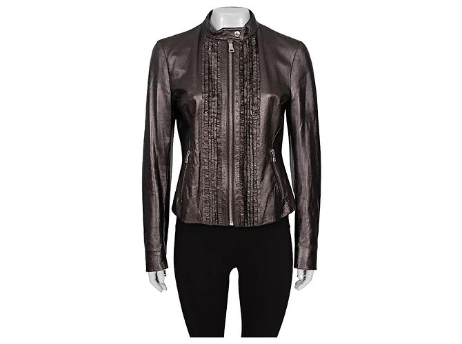 Prada Brown Leather Ruffle Jacket - Size XL (IT46) Pre-owned