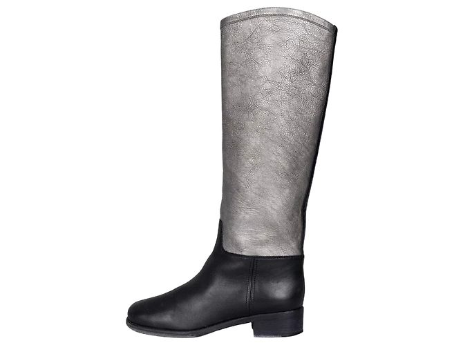 Chanel Silver & Black Leather Ankle Boots - Size 38 pre-owned