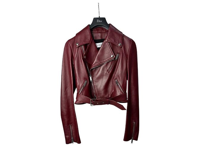 Christian Dior Burgundy Leather Biker Jacket Sz.38 Pre-owned