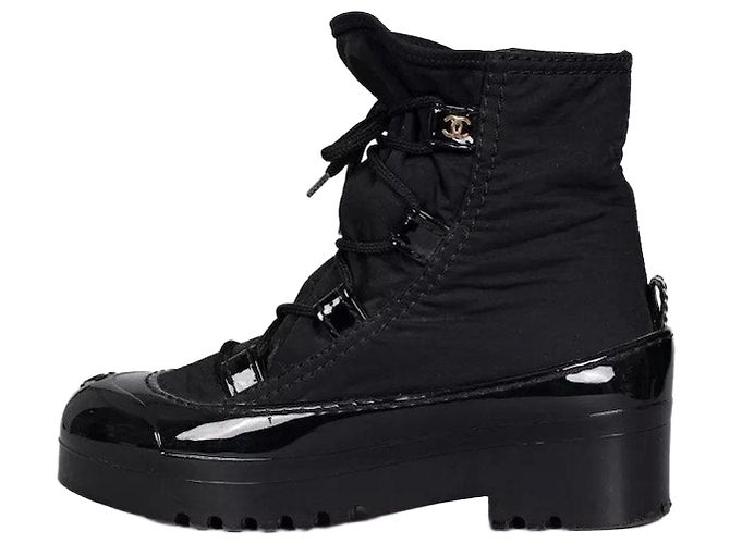 Chanel Black Lace-Up Textile Rubber Boots Size 38 pre-owned