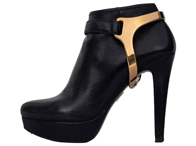 Prada Black Leather Ankle Boots with Gold Hardware, Size 36 Pre-owned