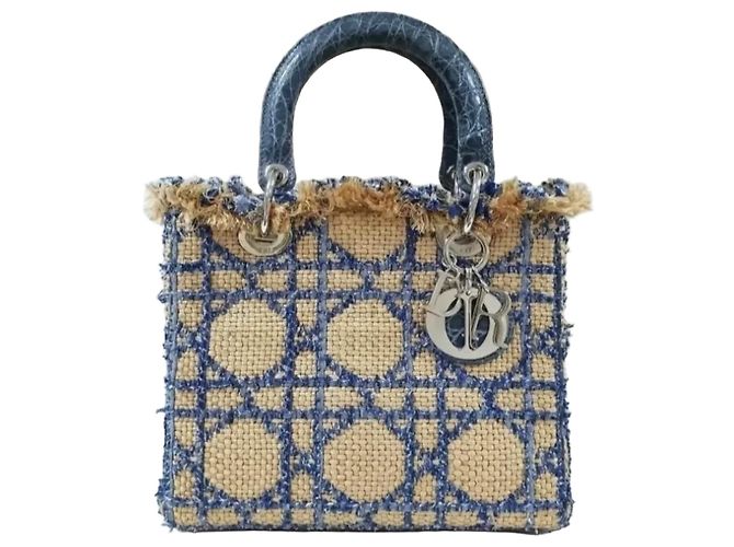 Dior Lady Dior Medium Tweed  Crocodile  Print Lambskin  Handle Bag Pre-Owned