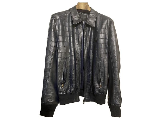 Dolce & Gabbana Dolce and Gabbana Navy Crocodile Print Lambskin Bomber Jacket Sz.48-50 Pre-Owned