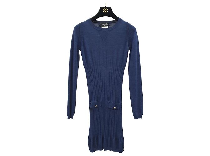 Chanel Navy Langarm-Strickkleid Größe 36 Gebraucht