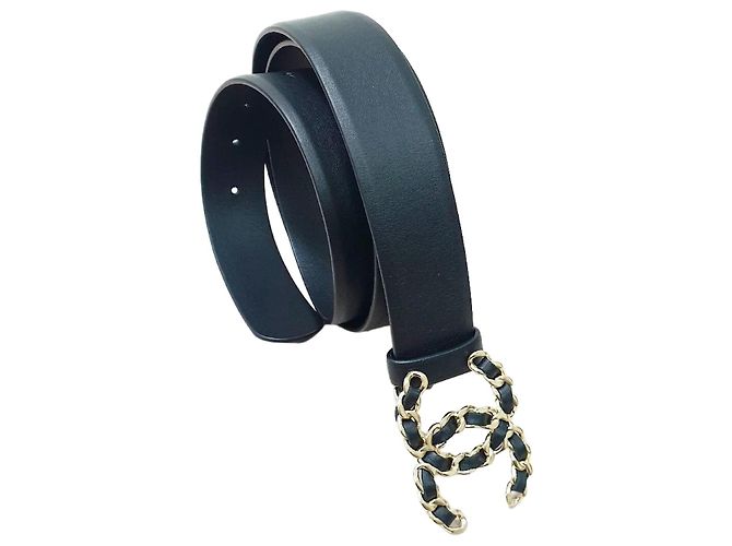 Cinto Chanel de couro de corde preto com corrente CC - Pré-usado 