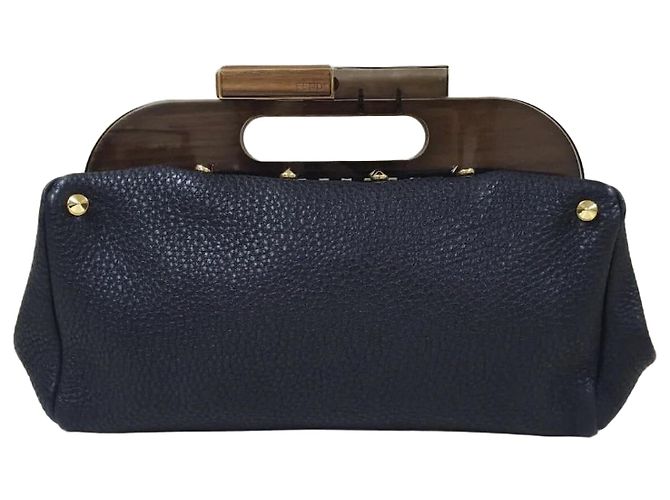 Fendi Black Leather Walnut Wood Handle Clutch Bag Pre-Owned