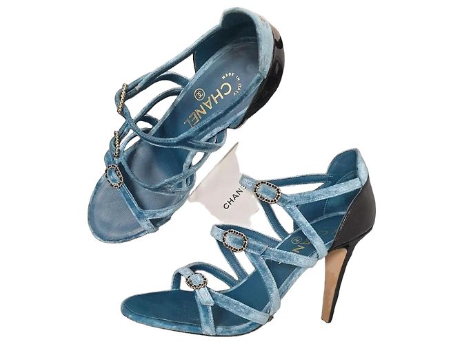 Chanel Blaue Samt-Sandalen Größe 38 Gebraucht