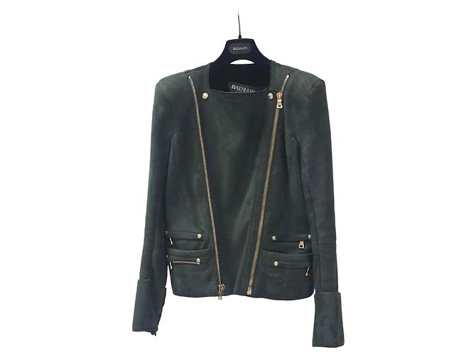 Balmain Grüne Damen Shearling Bikerjacke Größe 38 Gebraucht