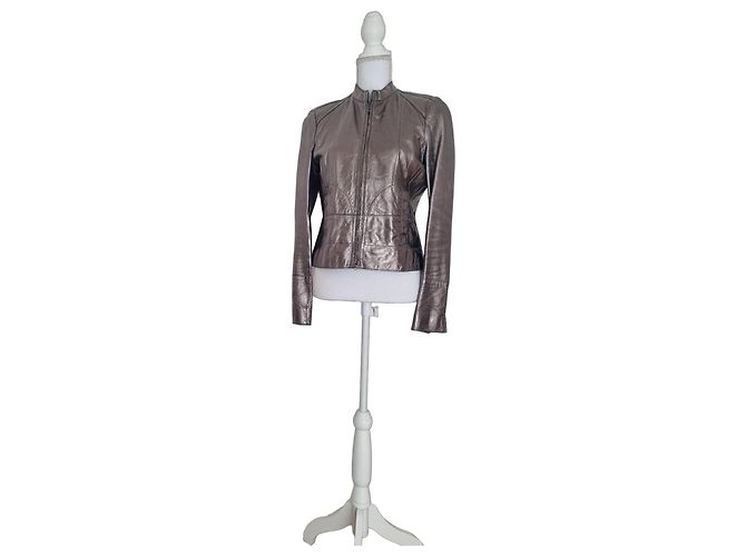 Hugo Boss Metallic Silver Leather Jacket Silvery