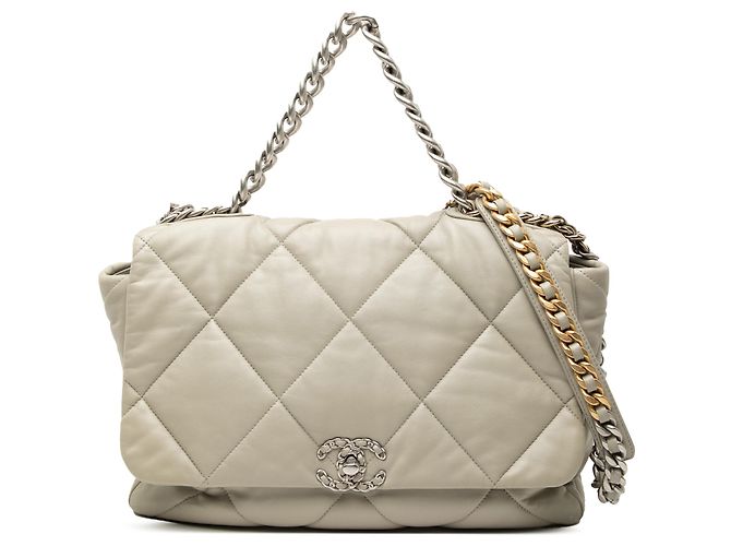 Chanel Maxi 19 em couro de cordeiro cinza Marrom
