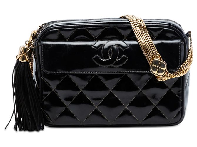Camera Bolsa de câmera em couro patenteado acolchoado preto CC da Chanel