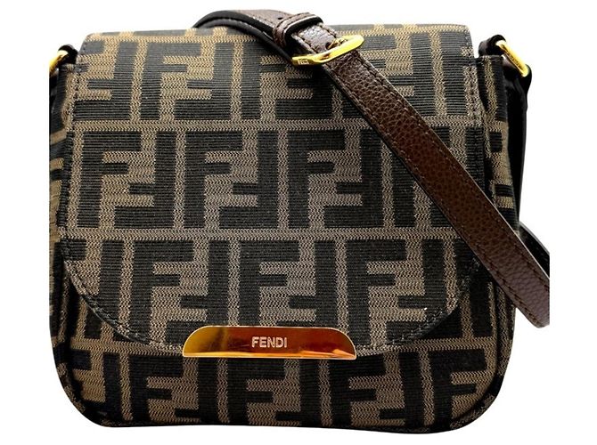 Bolsa de ombro em lona e couro marrom Zucca da Fendi