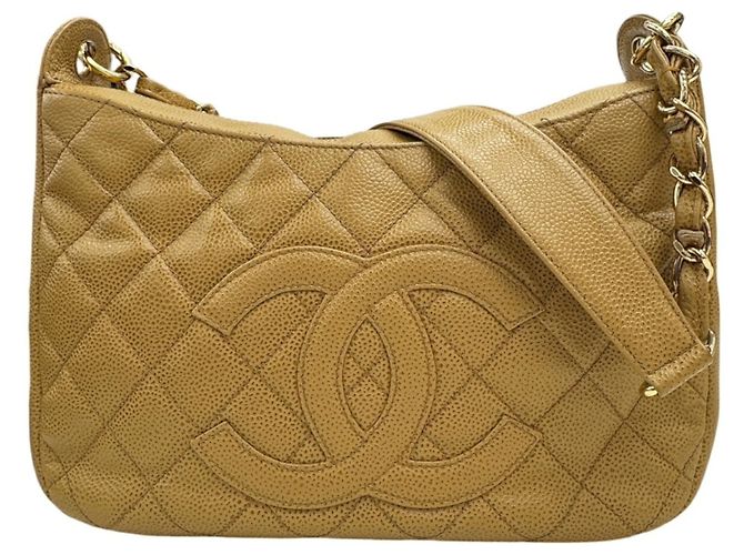Bolsa de ombro em couro de bezerro granulado bege Chanel