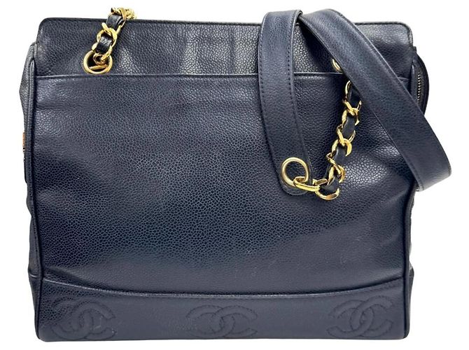 Bolsa tote em couro de bezerro granulado azul marinho Chanel