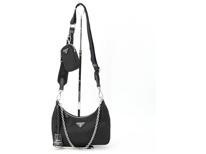 Borsa a Spalla in Nylon e Pelle Tessuto di Prada Nero