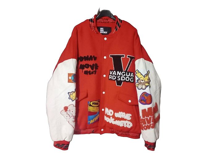 Autre Marque Wawe Movement Jacket, Red Varsity with Patch, New with Tag Black White