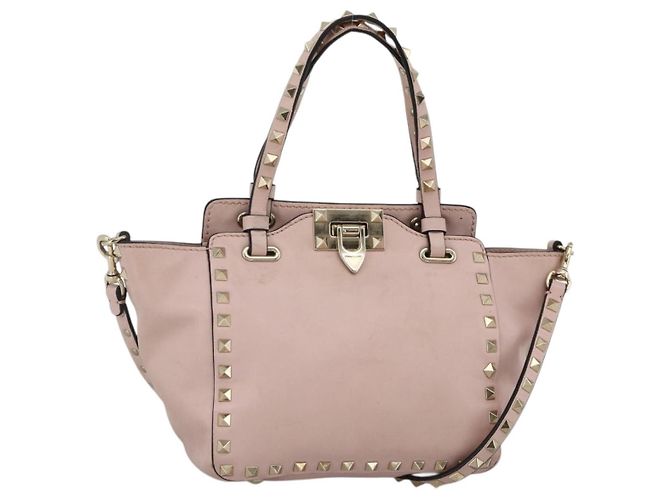 Bolsa de mão em couro Valentino Rock Studs 2 em 1 Rosa Dourado Auth BA11911A
