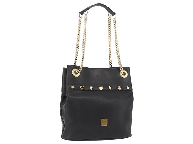 Bolsa de Ombro em Couro MCM Chain Preto Dourado Auth BA11650