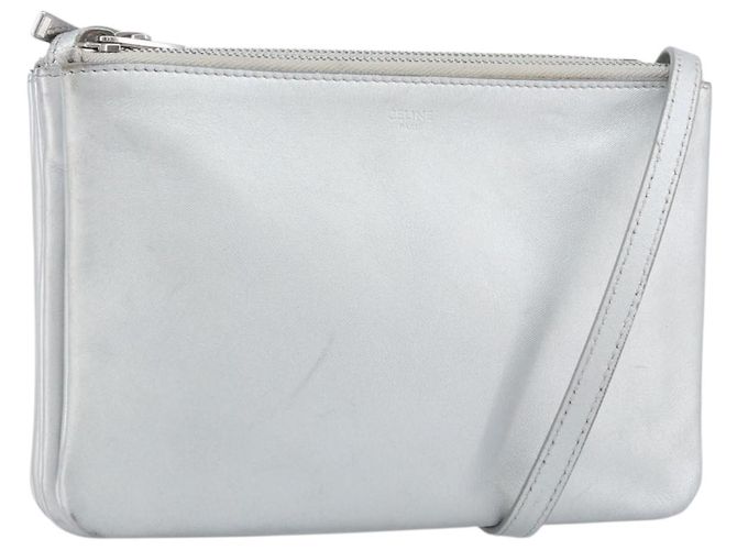 Céline Bolsa de Ombro de Couro Prata Auth BA11569