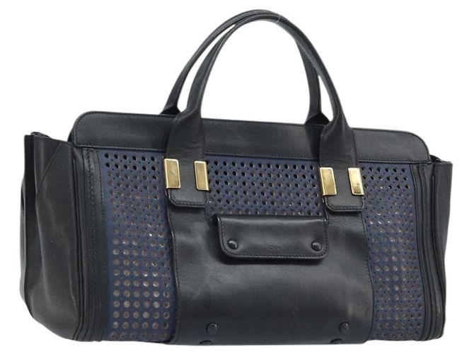 Chloé Sac à main Chloe Punching Alice en cuir noir et or Auth am11108