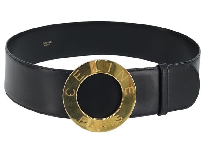 CINTURÓN CÉLINE Circle Cuero 34,3" Negro Oro Auth BAZ290A Dorado